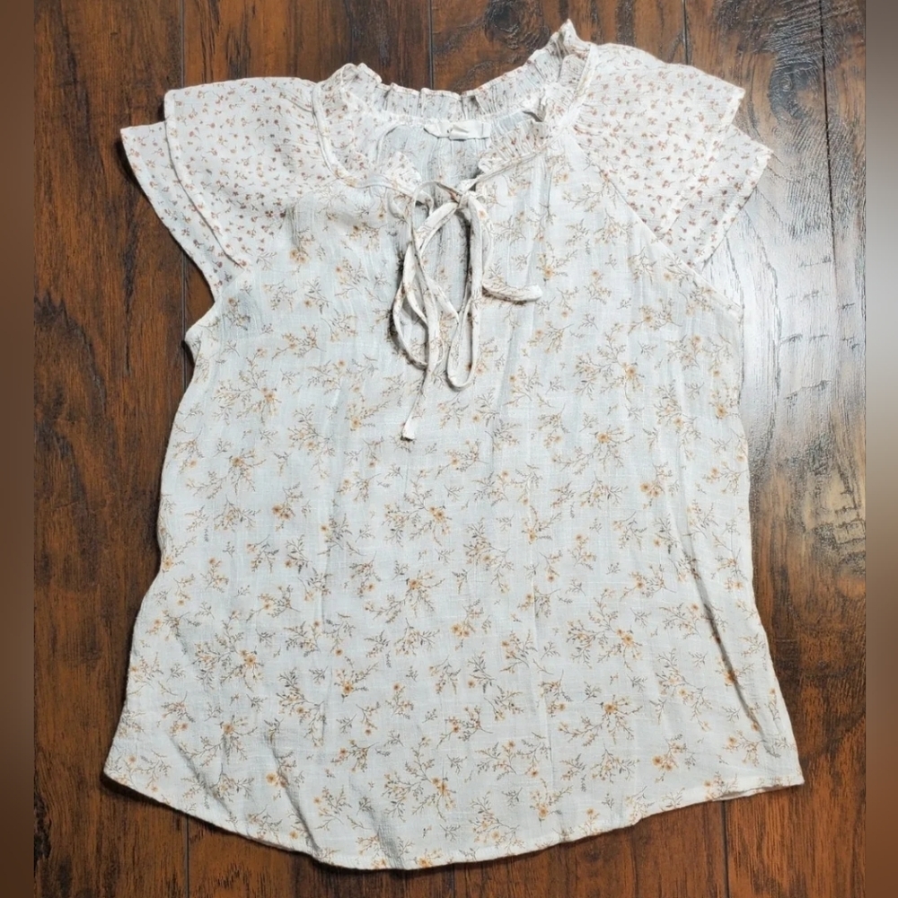 MINE Womens off white Floral Flutter Sleeve Semi-Sheer Blouse sz S Boho Peasant